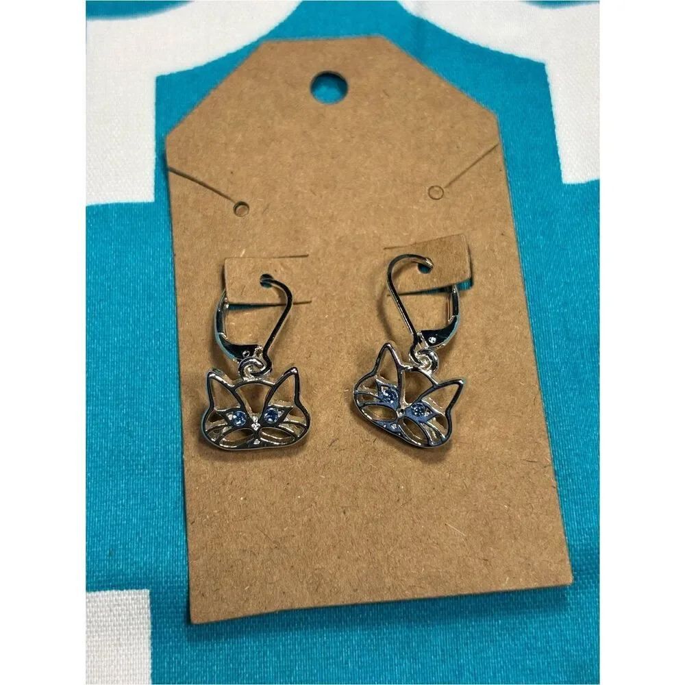 New Silver Cat Face Drop Earrings with Blue Accents - Pet Cat